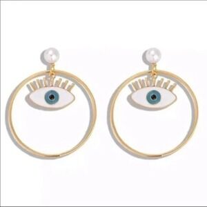 Evil Eye Hoop Earrings Pearl‎ Dangle Gold Tone Fashion Jewelry